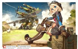 Rule 34 | 1girl, ammunition, black shorts, blonde hair, blue eyes, boots, box, breasts, brown footwear, brown gloves, cloud, commentary, english commentary, freckles, fur trim, gerwalk, gloves, gun, holding, holding gun, holding weapon, looking at viewer, macross, mask, mask around neck, mecha, mechanization, original, parted lips, pink shirt, propeller, robot, sheep, shirt, short shorts, shorts, sky, small breasts, smile, solo focus, supermarine spitfire, thigh boots, thighhighs, time paradox, weapon, xaxaxa