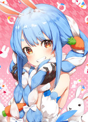 Rule 34 | 1girl, animal, animal ear fluff, animal ears, bare shoulders, black gloves, blue hair, blush, bow, braid, brown eyes, brown hair, carrot hair ornament, commentary, food-themed hair ornament, gloves, hair ornament, hands up, highres, holding, hololive, inn0, long hair, looking at viewer, multicolored hair, parted lips, rabbit, rabbit ears, simple background, smile, solo, symbol-shaped pupils, teeth, twin braids, twintails, two-tone hair, upper body, usada pekora, usada pekora (1st costume), virtual youtuber, white bow, white hair