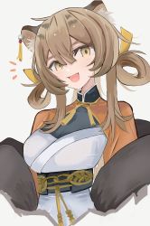 Rule 34 | 1girl, :d, absurdres, animal ears, arknights, breasts, brown hair, dress, du yaoye (arknights), fang, feather boa, hair rings, highres, light blush, long hair, looking at viewer, notice lines, nui (nuinui0300), open mouth, orange dress, simple background, small breasts, smile, solo, tiger ears, tiger girl, two-tone dress, upper body, white background, white dress, yellow eyes