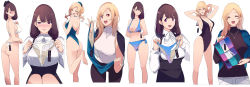 Rule 34 | 2girls, ass, bikini, bikini bottom only, blonde hair, blouse, blue bikini, breasts, brown hair, changing clothes, cleavage, dress, highres, holding, holding bikini, holding bikini bottom, holding clothes, holding swimsuit, jewelry, large breasts, lipstick, makeup, mikoto akemi, multiple girls, navel, necklace, one-piece swimsuit, open mouth, orange eyes, original, pants, pink eyes, price tag, shirt, swimsuit, white background, white bikini, white shirt