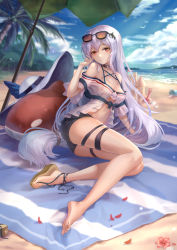 Rule 34 | 1girl, absurdres, arknights, bare legs, bare shoulders, beach towel, beach umbrella, black shorts, blue sky, bucket, choker, cloud, commentary request, day, eyewear on head, green umbrella, hair ornament, hand up, hat, highres, inflatable orca, inflatable toy, long hair, looking at viewer, low-tied long hair, navel, off-shoulder shirt, off shoulder, official alternate costume, outdoors, petals, red eyes, rj (lingshih10), sand castle, sand sculpture, sandals, shirt, short shorts, short sleeves, shorts, silver hair, sitting, skadi (arknights), skadi (waverider) (arknights), sky, smile, solo, stomach, sun hat, sunglasses, thigh strap, thighs, towel, umbrella, unworn hat, unworn headwear, very long hair, whale hair ornament, white hat, white shirt, yokozuwari
