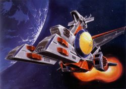 Rule 34 | 1970s (style), earth (planet), gundam, mobile suit gundam, official art, retro artstyle, ookawara kunio, planet, production art, promotional art, realistic, retro artstyle, science fiction, space, spacecraft, star (sky), traditional media, white base