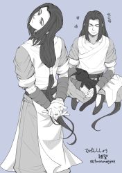 Rule 34 | 2boys, arms behind back, blue theme, cat, closed eyes, from behind, greyscale, higashiyama kazuko, indian style, long hair, looking back, low-tied long hair, luo xiaohei, luo xiaohei (cat), luo xiaohei zhanji, male focus, monochrome, multiple boys, multiple views, sitting, sleeping, sleeping on person, smile, very long hair, wuxian (the legend of luoxiaohei)