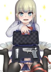 Rule 34 | 1girl, :d, absurdres, black thighhighs, blue dress, bow, brown hair, collared shirt, commentary request, dress, glint, gun, handgun, highres, holding, long hair, long sleeves, looking at viewer, nail polish, open mouth, original, paravene, pink nails, pistol, pleated dress, red bow, red ribbon, ribbon, shirt, signature, simple background, sitting, sleeveless, sleeveless dress, sleeves past wrists, smile, solo, sparkle, thighhighs, very long hair, wariza, weapon, weapon request, white background, white shirt