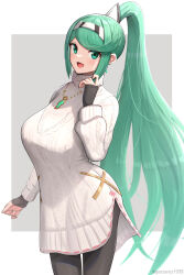 Rule 34 | 1girl, absurdres, alternate costume, breasts, casual, female focus, gonzarez, green eyes, green hair, hair ornament, headpiece, highres, large breasts, long hair, matching hair/eyes, open mouth, pantyhose, pneuma (xenoblade), ponytail, ribbed sweater, smile, solo, sweater, swept bangs, tiara, twitter username, very long hair, watermark, xenoblade chronicles (series), xenoblade chronicles 2