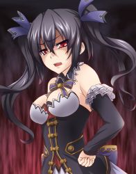 Rule 34 | 10s, 1girl, anti (untea9), bare shoulders, black hair, breasts, cleavage, female focus, hair ornament, long hair, looking down, neptune (series), noire (neptunia), open mouth, red eyes, solo, twintails