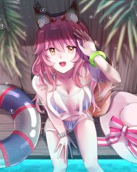 Rule 34 | 1girl, absurdres, animal ear fluff, animal ears, bikini, bikini under clothes, blue bikini, breasts, cleavage, collarbone, commentary, commentary request, fate/extella, fate/extra, fate/grand order, fate (series), fox ears, fox girl, fox tail, groin, hat, highres, innertube, large breasts, palm leaf, pink hair, shirt, side-tie bikini bottom, solo, summer, sun hat, swim ring, swimsuit, tail, tamamo (fate), tamamo no mae (fate/extra), tamamo no mae (swimsuit lancer) (fate), tamamo no mae (swimsuit lancer) (second ascension) (fate), wet, wet clothes, wet shirt, yellow eyes, zukapin