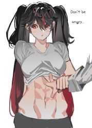Rule 34 | 2girls, abs, corrupted twitter file, english text, excited, gradient hair, hair between eyes, hand on another&#039;s arm, hand on another&#039;s stomach, highres, liv (punishing: gray raven), long hair, long sleeves, lucia: plume (punishing: gray raven), lucia (punishing: gray raven), multicolored hair, multiple girls, open mouth, punishing: gray raven, red eyes, red hair, shirt, short sleeves, small horns, streaked hair, twintails, very long hair, white background, white shirt, yongsadragon