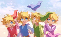 Rule 34 | 4boys, :o, ;d, belt, blonde hair, blue eyes, blue headwear, blue shirt, blue tunic, blush, brown belt, cloud, cloudy sky, commentary, day, english commentary, enni, gradient sky, green headwear, green shirt, green tunic, hair between eyes, hand on own head, hand up, hat, unworn hat, unworn headwear, highres, holding, holding clothes, holding hat, link, long sleeves, looking at another, male focus, multiple boys, nintendo, one eye closed, open mouth, outdoors, parted bangs, parted lips, pointy ears, purple headwear, purple shirt, purple tunic, red headwear, red shirt, red tunic, shirt, short hair, sidelocks, sky, smile, sweatdrop, teeth, the legend of zelda, the legend of zelda: four swords, tunic, upper teeth only, v-shaped eyebrows, wind