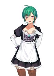 Rule 34 | ahoge, androgynous, bad id, bad twitter id, banknote, blush, cowboy shot, facing viewer, fangs, gender request, green hair, highres, konbu wakame, looking at viewer, maid, money, tucked money, nijisanji, purple eyes, ryuushen, short hair, simple background, solo, standing, thighhighs, virtual youtuber, white background