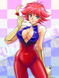 Rule 34 | 1girl, bad id, bad pixiv id, blue eyes, bodysuit, breasts, choker, cleavage, closed mouth, cutie honey, cutie honey (character), gloves, groin, halterneck, heart, large breasts, looking at viewer, magical girl, red hair, retro artstyle, short hair, skin tight, smile, solo, sword, tamanegiinyo, weapon