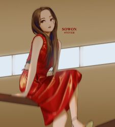 Rule 34 | 1girl, adirosa, animification, blurry, brown eyes, brown hair, character name, commentary, dress, english commentary, gfriend, indoors, k-pop, long dress, long hair, looking to the side, parted lips, real life, red dress, sitting, sleeveless, sleeveless dress, solo, sowon (gfriend)