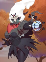 Rule 34 | 1girl, absurdres, aiming, aiming at viewer, arm up, black bow, black dress, black gloves, black skin, black thighhighs, blue eyes, blurry, blurry background, blush, bow, breasts, bright pupils, chandelure, closed mouth, colored skin, cowboy shot, creatures (company), darkrai, day, dress, duskull, eyes visible through hair, female focus, game freak, gem, gen 3 pokemon, gen 4 pokemon, gen 5 pokemon, gloves, grey sky, hair between eyes, hair ornament, half-closed eyes, highres, hitmanatee, holding, holding wand, large breasts, legendary pokemon, long hair, looking at viewer, mythical pokemon, nintendo, objectification, outdoors, outstretched arm, personification, pokemon, pokemon (creature), raised eyebrows, red gemstone, short dress, sidelocks, skindentation, skull, sky, solo, standing, strapless, strapless dress, thighhighs, tree, wand, white hair, white pupils, wide hips