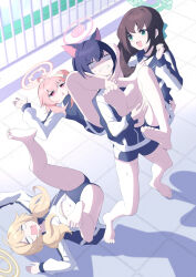 Rule 34 | 4girls, airi (band) (blue archive), alternate costume, animal ears, ass, bare legs, barefoot, black hair, blonde hair, blue archive, blunt bangs, bob cut, carrying, carrying person, cat ears, cat girl, clenched teeth, colored inner hair, commentary request, crossed legs, extra ears, falling, fence, from above, green eyes, gym shirt, gym shorts, gym uniform, hair between eyes, hair ornament, hair scrunchie, hairclip, halo, heavy, highres, kazusa (blue archive), long hair, long sleeves, multicolored hair, multiple girls, natsu (band) (blue archive), official alternate hairstyle, outdoors, parted bangs, pink hair, princess carry, red eyes, scrunchie, shirt, short hair, short shorts, shorts, sidelocks, soles, spread legs, sweat, sweatdrop, teeth, toes, tonomiya68, triangle mouth, two-tone hair, upside-down, yoshimi (band) (blue archive)