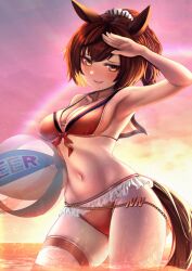 Rule 34 | 1girl, adapted costume, animal ears, arm up, armpits, ball, beachball, bikini, blush, breasts, commentary request, cowboy shot, ear ornament, frilled bikini, frills, holding, holding ball, holding beachball, horse ears, horse girl, horse tail, hoshikuzu kizuna (kizuna stardust), lens flare, medium breasts, medium hair, navel, nice nature (run&amp;win) (umamusume), nice nature (umamusume), ocean, orange bikini, partially submerged, ponytail, smile, solo, sunset, swimsuit, tail, thigh strap, umamusume, water, wet, wet clothes, yellow eyes