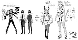 Rule 34 | 1boy, 1girl, boots, breasts, character sheet, cleavage, cleavage cutout, clothing cutout, concept art, heart, heart cutout, heart pasties, highres, horns, large breasts, midriff, miyamoto issa, navel, navel cutout, pasties, small breasts, thighhighs, thong