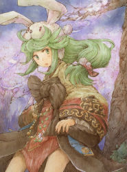 Rule 34 | 1girl, animal hat, brown dress, commentary request, cowboy shot, dress, green eyes, green hair, hanbok, hat, kamo (megamikan), korean clothes, long hair, long sleeves, looking to the side, low-tied long hair, open mouth, rabbit hat, ragnarok online, solo, soul linker (ragnarok online), tree, wide sleeves