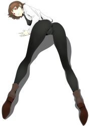 Rule 34 | 1girl, absurdres, ass, brown hair, cameltoe, full body, highres, looking at viewer, looking back, lying, niijima makoto, on stomach, ozkh, panties, pantyhose, parted lips, persona, persona 5, red eyes, short hair, solo, top-down bottom-up, underwear, white background