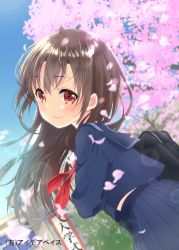 Rule 34 | 1girl, bag, blush, brown eyes, brown hair, cherry blossoms, closed mouth, day, dutch angle, floating hair, from side, highres, long hair, long sleeves, looking at viewer, minamoto mamechichi, neckerchief, official art, original, outdoors, petals, red neckerchief, school bag, school uniform, serafuku, smile, solo, watermark
