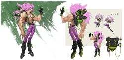 Rule 34 | 1boy, abs, absurdres, black footwear, black gloves, boots, character sheet, claw (weapon), claw pose, closed mouth, cococo00, fingernails, gloves, green eyes, green lips, green nails, heterochromia, highres, liquid, long fingernails, long hair, male focus, multiple views, muscular, nail polish, original, pink hair, poison, purple eyes, sharp fingernails, single glove, solo focus, veins, weapon, zipper, zipper pull tab