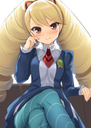 Rule 34 | 1girl, big hair, blonde hair, blue pantyhose, blush, breasts, closed mouth, crossed legs, drill hair, highres, kageira, long hair, looking at viewer, luna platz (mega man), mega man (series), mega man star force, pantyhose, smile, solo, striped clothes, striped pantyhose, twin drills, twintails, white background