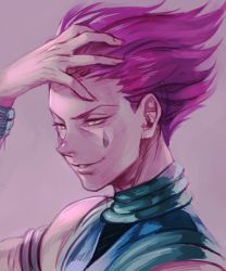 Rule 34 | 1boy, facial mark, grey background, grin, hair slicked back, hand up, hisoka (hunter x hunter), hungry clicker, hunter x hunter, male focus, parted lips, pink hair, simple background, smile, solo, upper body, wristband, yellow eyes