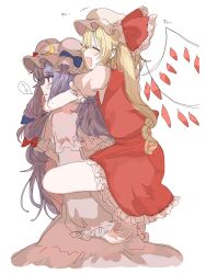 Rule 34 | 2girls, blonde hair, blue bow, bow, capelet, carrying, carrying person, cellphone, closed mouth, crescent, crescent hat ornament, crystal wings, dress, flandre scarlet, frilled bow, frilled capelet, frilled skirt, frills, from side, hair bow, hairband, hands on another&#039;s shoulders, hat, hat bow, hat ornament, highres, long hair, long sleeves, looking ahead, multiple girls, open mouth, patchouli knowledge, phone, piggyback, puffy short sleeves, puffy sleeves, purple capelet, purple dress, purple eyes, purple hair, purple hairband, red bow, shamo tarou, short sleeves, side ponytail, sidelocks, simple background, skirt, smile, speech bubble, sweatdrop, touhou, translation request, upper body, white background, white headwear