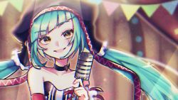 Rule 34 | 1girl, aqua eyes, aqua hair, bare shoulders, blunt bangs, cat food (vocaloid), collar, detached sleeves, dress, hatsune miku, holding, holding microphone, hood, ka ice ha, long hair, looking at viewer, microphone, open mouth, portrait, red sleeves, sleeveless, sleeveless dress, smile, solo, strapless, strapless dress, string of flags, twintails, vocaloid