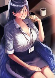 Rule 34 | 00mizore, 1girl, absurdres, bad id, bad pixiv id, blue hair, breasts, chair, cleavage, collared shirt, cup, dress shirt, hair between eyes, highres, holding, holding pen, houchi shoujo, large breasts, long hair, miniskirt, mogami yoshiaki, nail polish, office lady, pen, pinstripe pattern, pinstripe shirt, purple eyes, shirt, shirt tucked in, sitting, skirt, sleeves rolled up, smile, striped, table, very long hair