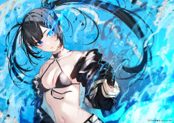 Rule 34 | 1girl, bare shoulders, belt, bikini, bikini top only, black bikini, black choker, black gloves, black hair, black jacket, black rock shooter, black rock shooter (character), black rock shooter fragment, blue eyes, breasts, choker, collarbone, front-tie bikini top, front-tie top, gloves, glowing, glowing eye, highres, jacket, kayahara, long hair, long sleeves, looking at viewer, navel, off shoulder, open clothes, open jacket, parted lips, small breasts, solo, stomach, string bikini, swimsuit, twintails, upper body