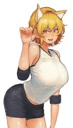 Rule 34 | 1girl, animal ear fluff, animal ears, blonde hair, breasts, chanta (ayatakaoisii), commentary request, cowboy shot, elbow pads, fox ears, gym shirt, gym shorts, highres, large breasts, looking at viewer, open mouth, shirt, short hair, shorts, simple background, sleeveless, sleeveless shirt, smile, sportswear, sweat, touhou, volleyball uniform, white background, yakumo ran, yellow eyes