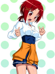 Rule 34 | 10s, 1girl, bad id, bad pixiv id, blush, breast expansion, breasts, clothes around waist, duskbreeze, eyelashes, hair ornament, hairclip, hino akane (smile precure!), open mouth, pleated skirt, polka dot, polka dot background, precure, red eyes, red hair, school uniform, skirt, smile precure!, solo, surprised, sweater, sweater around waist