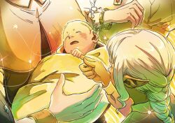 Rule 34 | 2boys, aa-d-aa, aged down, aristocratic clothes, baby, baby carry, blonde hair, blush, bracelet, braid, braided ponytail, brooch, carrying, closed eyes, dark-skinned male, dark skin, delgal (dungeon meshi), dungeon meshi, elf, family, feet out of frame, glint, highres, holding finger, jewelry, juliet sleeves, long sleeves, multiple boys, open mouth, pointy ears, puffy sleeves, single braid, sleeping, sparkle, thistle (dungeon meshi)