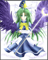 Rule 34 | 1girl, female focus, ghost, green eyes, green hair, hat, long hair, matching hair/eyes, mima (touhou), ribbon, scepter, solo, touhou, touhou (pc-98), white background, wings, wizard hat