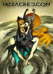 Rule 34 | 2girls, breasts, cyberunique, dual persona, feet, female focus, full body, helmet, highres, looking at viewer, midna, midna (true), monster girl, multiple girls, nintendo, red eyes, spoilers, the legend of zelda, the legend of zelda: twilight princess, tongue, tongue out, watermark
