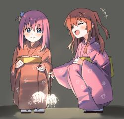 Rule 34 | +++, 2girls, :d, ^ ^, blue eyes, blush, bocchi the rock!, closed eyes, commentary, cube hair ornament, fireworks, full body, gotoh hitori, hair between eyes, hair ornament, hand on own knee, haru (konomi 150), japanese clothes, kimono, kita ikuyo, laughing, long hair, multiple girls, obi, one side up, open mouth, pink hair, pink kimono, print kimono, red hair, red kimono, sash, smile, squatting, yukata