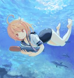 Rule 34 | 1girl, ahoge, air bubble, bad drawr id, bad id, bare legs, barefoot, bubble, closed mouth, dolphin, feet, fish, full body, hair ornament, holding, i-58 (kancolle), kantai collection, kokudou juunigou, legs, oekaki, one-piece swimsuit, orange hair, pink eyes, pink hair, red eyes, sailor collar, school swimsuit, school uniform, serafuku, short hair, smile, soles, solo, swimsuit, swimsuit under clothes, toes, torpedo, underwater