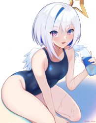 Rule 34 | 1girl, amane kanata, angel, asymmetrical bangs, asymmetrical hair, blue hair, blue one-piece swimsuit, bob cut, bottle, colored inner hair, commentary request, competition swimsuit, flat chest, highres, hololive, looking at viewer, melow menow, multicolored hair, one-piece swimsuit, pink hair, purple eyes, short hair, silver hair, simple background, smile, solo, streaked hair, swimsuit, virtual youtuber, white background