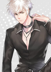 Rule 34 | 10s, 1boy, 2014, abstract background, belt, choker, collar, earrings, fruits basket, jewelry, looking at viewer, male focus, multicolored hair, necklace, onegingek, open collar, school uniform, solo, souma hatsuharu, two-tone hair, white hair