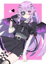 Rule 34 | 1girl, bandaged arm, bandages, belt, black gloves, black nails, black shirt, black skirt, bow, closed mouth, crop top, demon tail, demon wings, ear piercing, eyepatch, fingerless gloves, fishnets, garter straps, gloves, hair ornament, heart, highres, long hair, looking at viewer, nail polish, original, piercing, pink background, pleated skirt, pointy ears, purple eyes, purple hair, shirt, short sleeves, skirt, solo, tail, thighhighs, twitter username, v, wings, yachishi orca