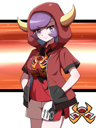Rule 34 | 1girl, absurdres, alternate costume, closed mouth, collared shirt, commentary request, courtney (pokemon), creatures (company), eyelashes, fake horns, game freak, hands in pockets, highres, hood, hood up, hooded jacket, horns, jacket, nintendo, open clothes, open jacket, pokemon, pokemon oras, pokemon swsh, purple eyes, purple hair, red shirt, shabana may, shirt, short hair, shorts, side slit, side slit shorts, smile, solo