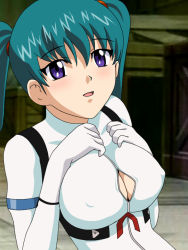 Rule 34 | 1girl, aqua hair, blurry, blurry background, blush, bodysuit, breast suppress, breasts, cleavage, covered erect nipples, green hair, honjou mikaze, large breasts, purple eyes, solo, stratos 4, twintails
