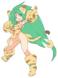 Rule 34 | 1girl, animal ears, animal hands, animal print, cat ears, cham cham, gloves, green eyes, green hair, karukan (monjya), long hair, looking at viewer, no panties, open mouth, paw gloves, paw shoes, samurai spirits, shoes, simple background, smile, solo, tiger print, white background