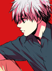 Rule 34 | 10s, 1boy, black eyes, black shirt, closed mouth, collared shirt, expressionless, from side, kaneki ken, long sleeves, male focus, multicolored hair, no pupils, outstretched arm, pink hair, profile, red background, shiromi (ringo), shirt, simple background, sketch, solo, tokyo ghoul, two-tone hair, upper body, white hair, wing collar