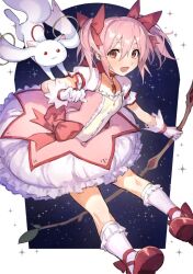 Rule 34 | 1girl, bow, chest jewel, choker, dress, gloves, hair between eyes, hair bow, highres, kaname madoka, kyubey, mahou shoujo madoka magica, mephisto (angraecum), petticoat, pink dress, pink eyes, pink hair, puffy short sleeves, puffy sleeves, red bow, red choker, red footwear, shoes, short hair, short sleeves, socks, solo, square neckline, twintails, white gloves, white socks