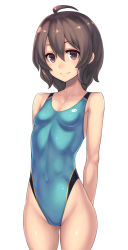 Rule 34 | 1girl, ahoge, arms behind back, bare shoulders, breasts, brown eyes, brown hair, competition swimsuit, cowboy shot, hair between eyes, highleg, highleg swimsuit, highres, katagiri (a1466502), looking at viewer, one-piece swimsuit, original, shiny skin, skin tight, small breasts, smile, solo, swimsuit, white background