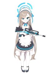 Rule 34 | 1girl, absurdres, aged down, ansan ey, apron, assault rifle, asuna (blue archive), blue archive, blue bow, blue eyes, blue ribbon, blush, bow, brown hair, bullpup, dress, famas, frills, full body, gun, hair ribbon, highres, holding, light brown hair, long hair, looking at viewer, maid, maid apron, maid headdress, pantyhose, puffy sleeves, ribbon, rifle, shoes, simple background, smile, solo, standing, swept bangs, transparent background, very long hair, weapon, white apron, white background