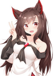 Rule 34 | 1girl, animal ears, bare shoulders, blush, breasts, brown hair, collarbone, commentary request, dress, fang, hand up, imaizumi kagerou, long hair, looking at viewer, medium breasts, off-shoulder dress, off shoulder, open mouth, red eyes, rururiaru, simple background, skin fang, smile, solo, touhou, v, white background, wolf ears, wolf girl
