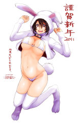 Rule 34 | 10s, 1girl, 2011, animal ears, bikini, black hair, breasts, bunny higgins, cleavage, highres, hood, hoodie, large breasts, navel, open mouth, original, rabbit ears, rabbit girl, red eyes, ryouzou, short hair, signature, simple background, smile, solo, string bikini, swimsuit, thighhighs, white thighhighs