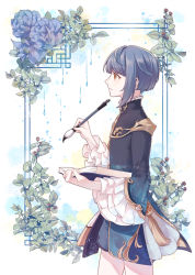 Rule 34 | 1boy, absurdres, artist name, blue coat, blue flower, blue hair, blue rose, blue shorts, blunt bangs, blush, book, brill p, calligraphy brush, chinese clothes, coat, commentary, cowboy shot, flower, frilled shirt, frilled sleeves, frills, genshin impact, gold trim, hand up, highres, holding, holding book, holding brush, leaf, long sleeves, looking away, male focus, medium hair, open book, paintbrush, parted lips, plant, profile, rain, rose, shirt, short shorts, shorts, sidelocks, solo, standing, tassel, vines, water drop, white shirt, wide sleeves, xingqiu (genshin impact), yellow eyes